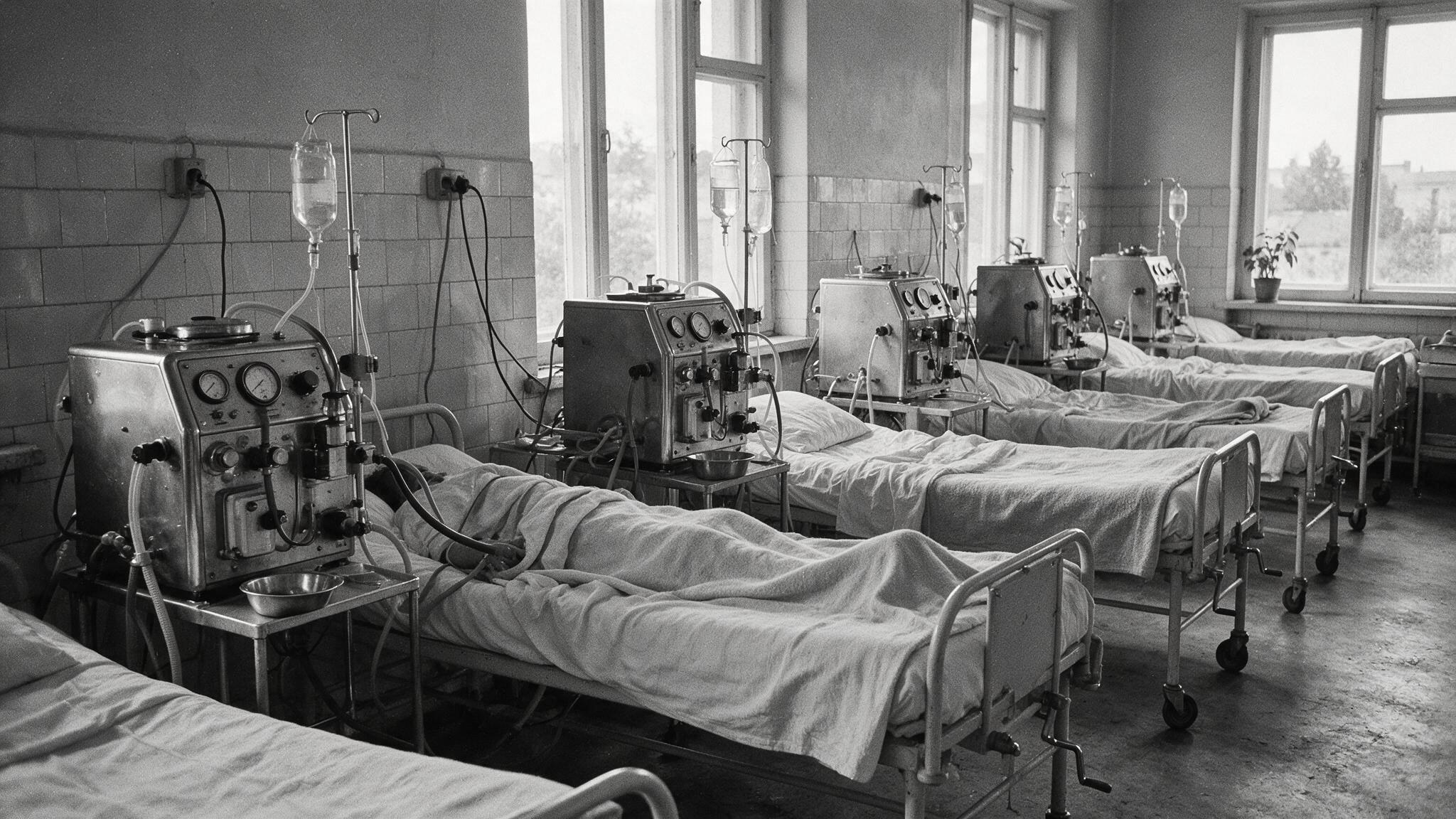 Illustration of an early haemodialysis unit with dialysis machines.