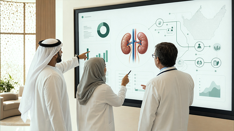 Clinicians reviewing kidney data on a large screen