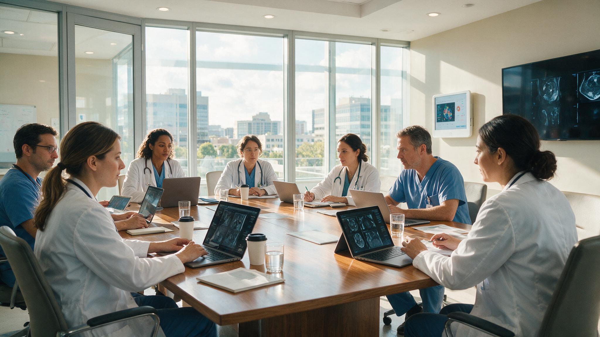 Illustration of a scientific meeting with a presenting clinician.