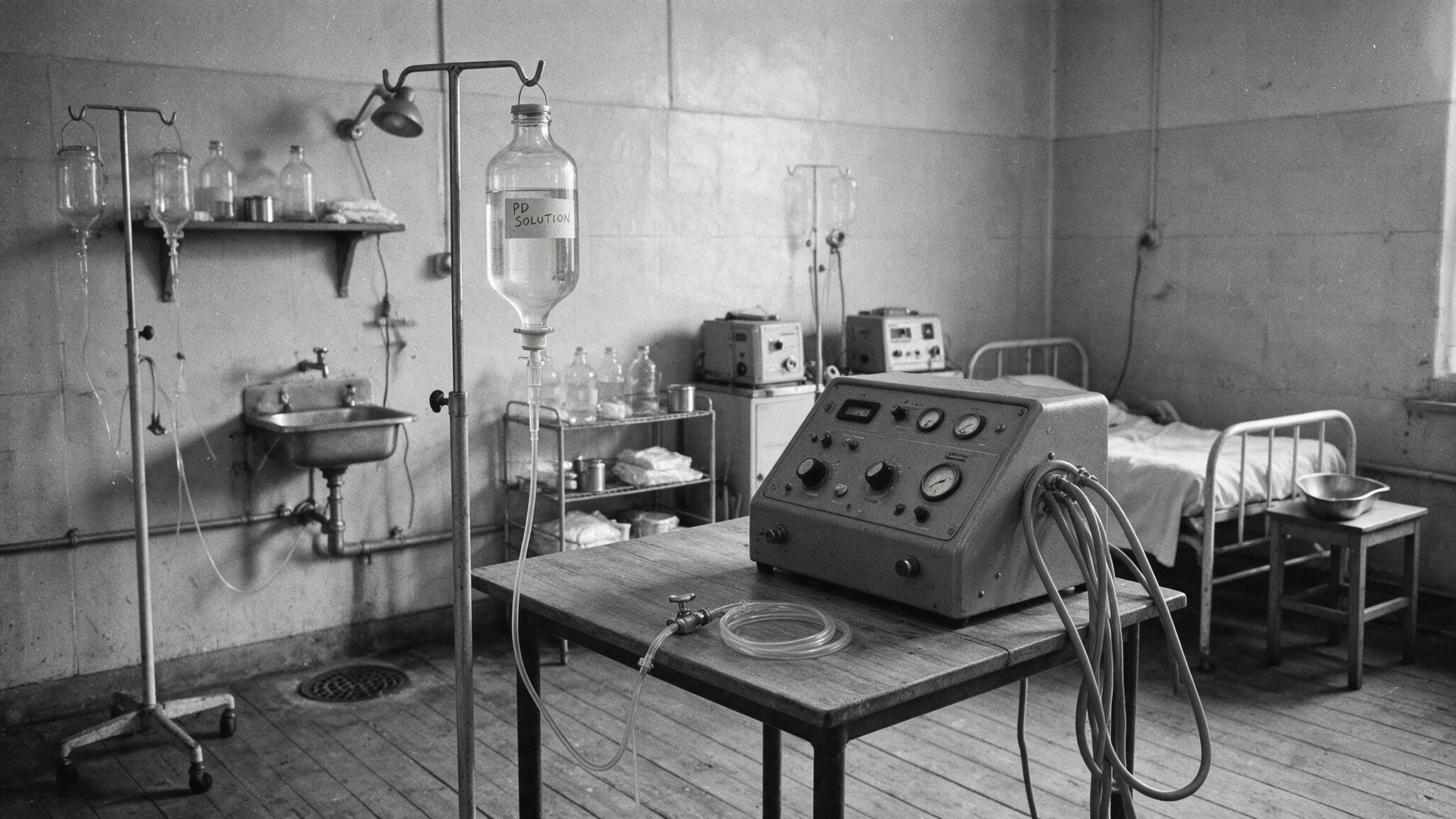 Illustration of 1970s peritoneal dialysis equipment at a hospital bedside.