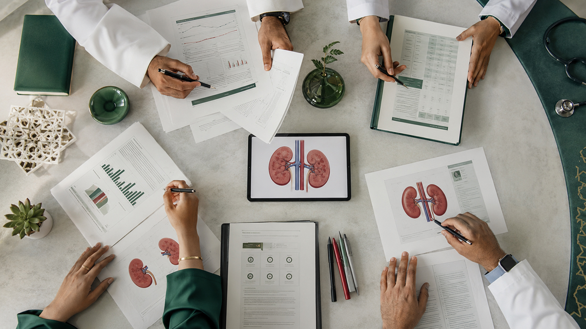 Clinicians reviewing kidney disease charts and guideline documents around a table