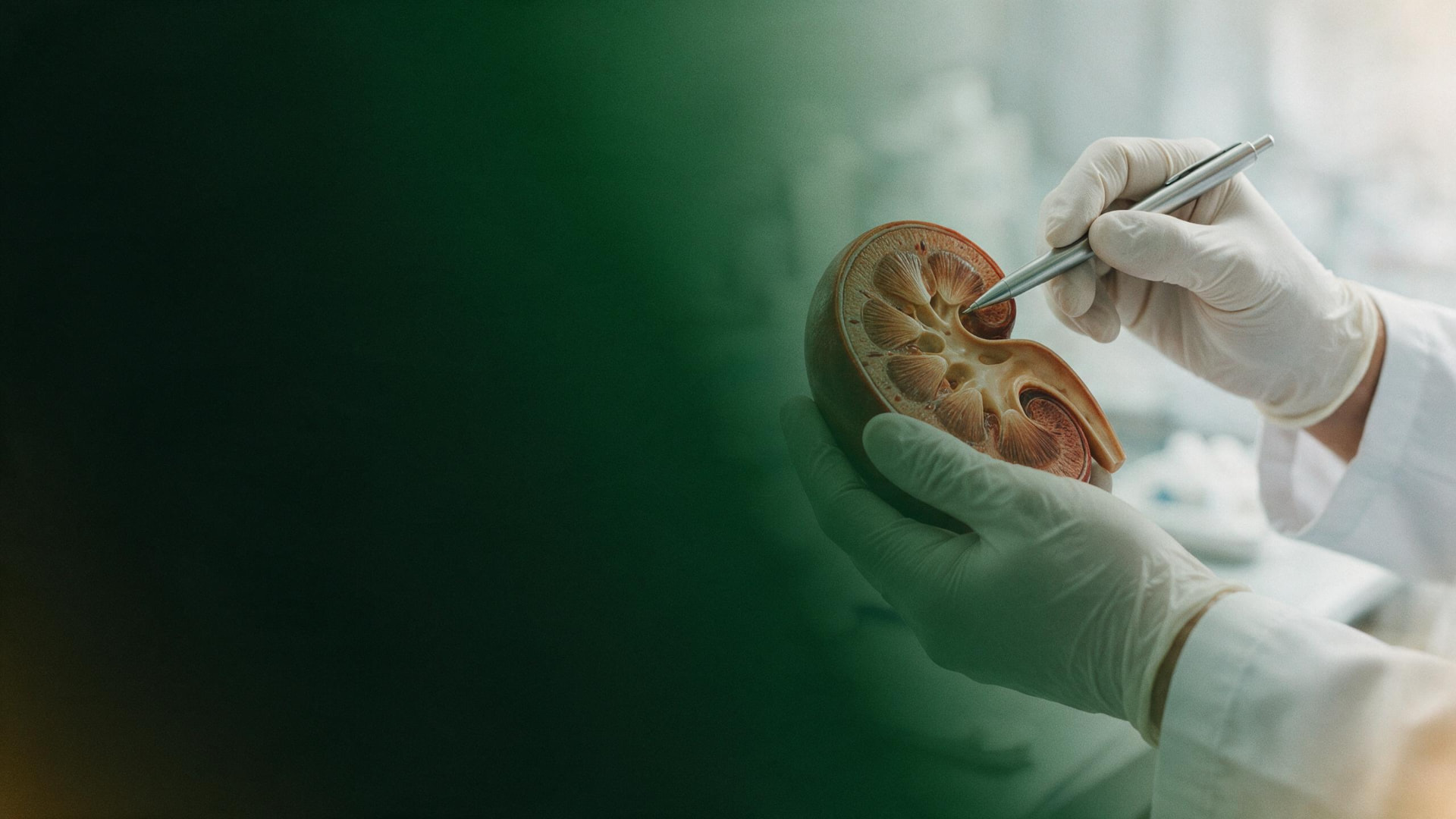 Gloved hands holding a cross-section anatomical kidney model, with a pen pointing to its internal structure, on a deep green background