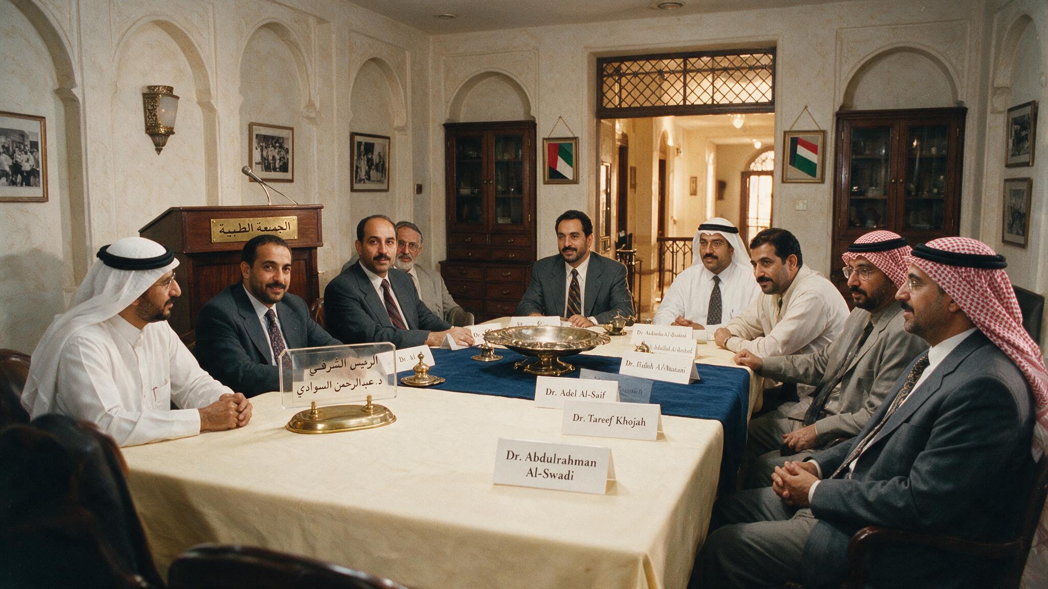 Illustration of a founding meeting of physicians around a table.