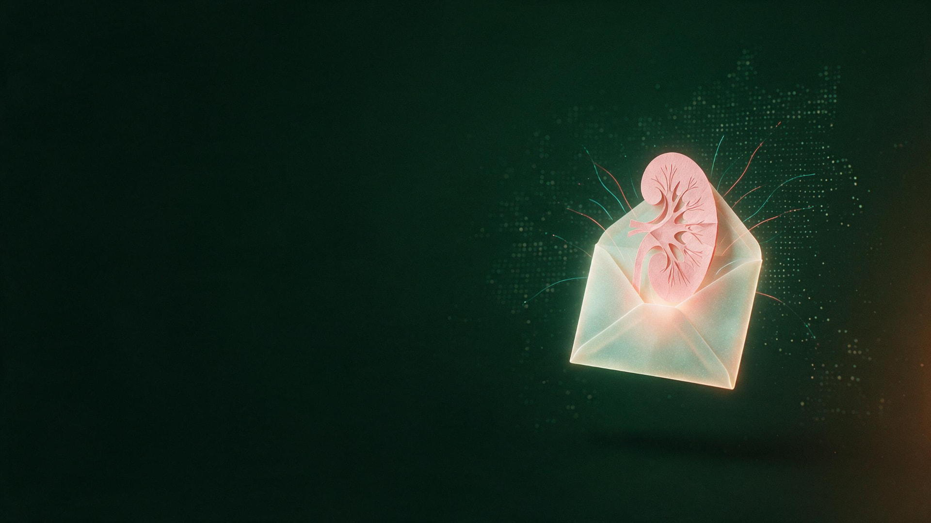 An open envelope with a paper kidney inside, on a deep green background